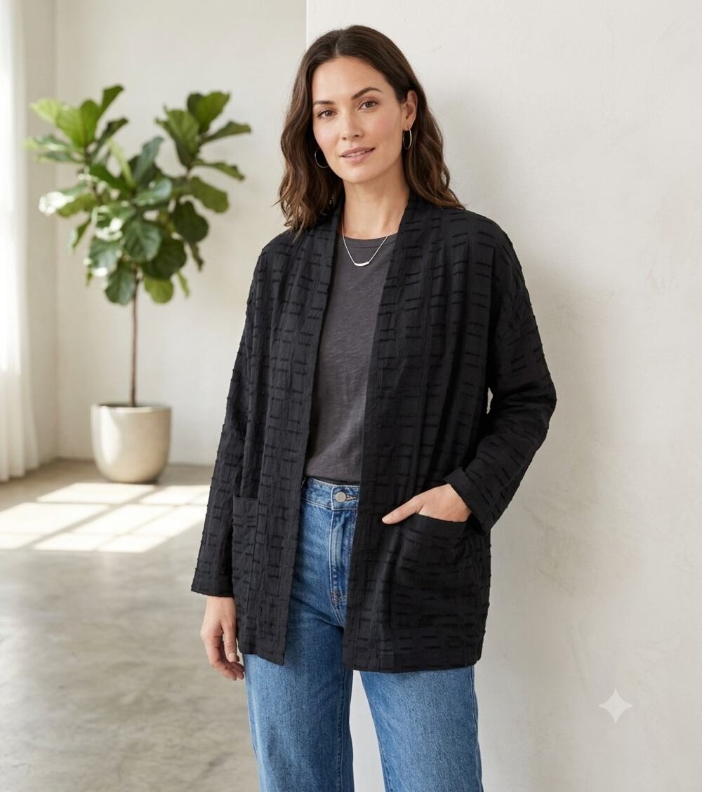 Eileen Fisher Black Organic Cotton Pucker Check Open Front Jacket Effortless L
